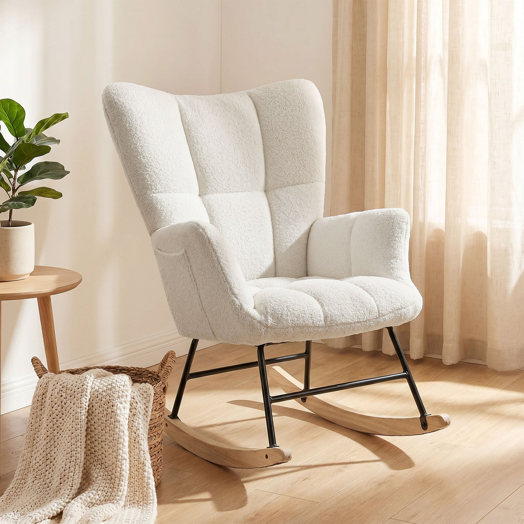 Fauteuil à Bascule, Rocking Chair en Peluche Teddy, Poches Latérales, Dossier à Oreilles Capitonné, Crème
