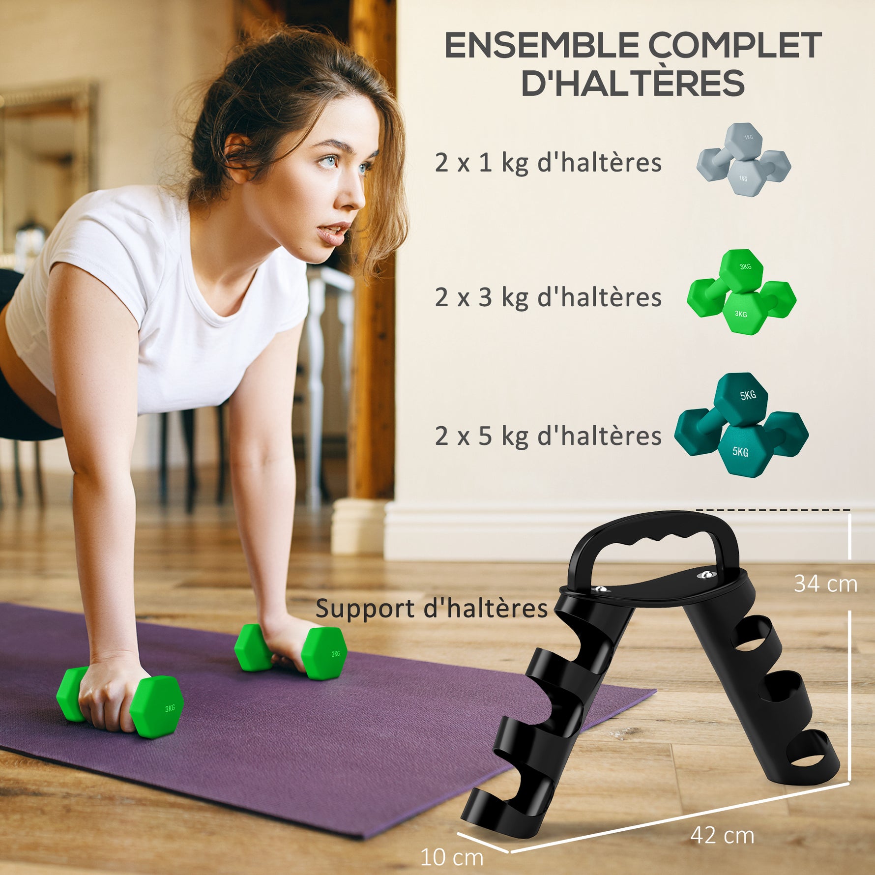 Lot d'haltères hexagonaux, haltères musculation, 2 x 1 kg, 2 x 3 kg, 2 x 5 kg, avec support convertible d'haltères