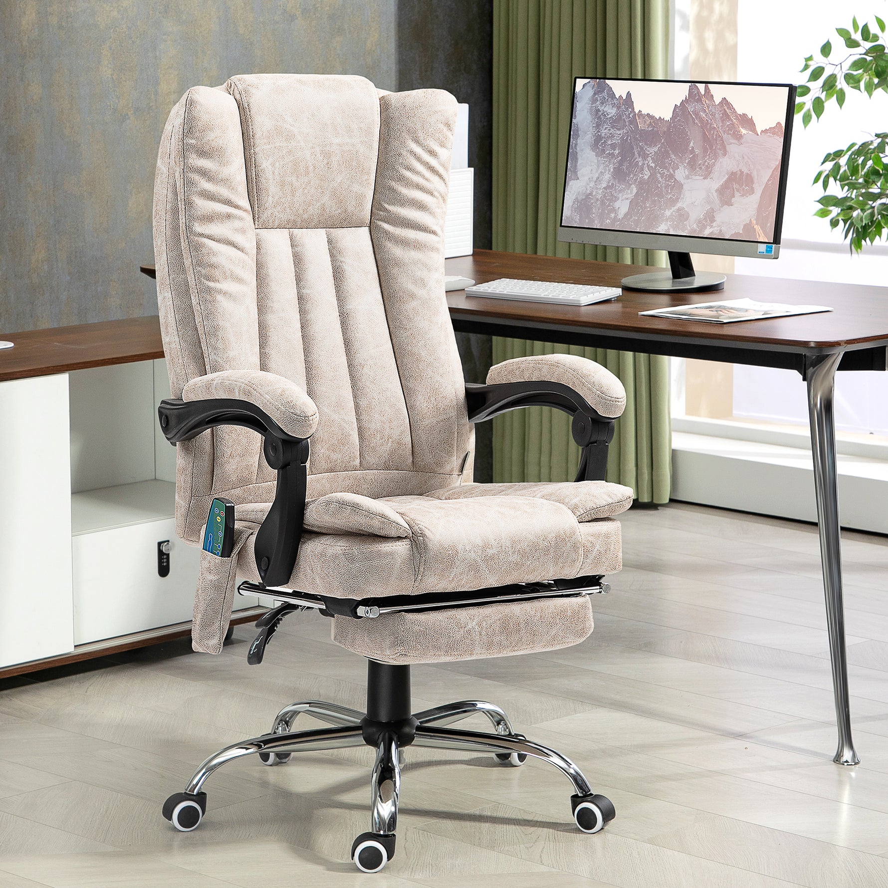 Fauteuil de bureau massant et chauffant avec hauteur réglable, dossier inclinable, repose-pied et télécommande, crème