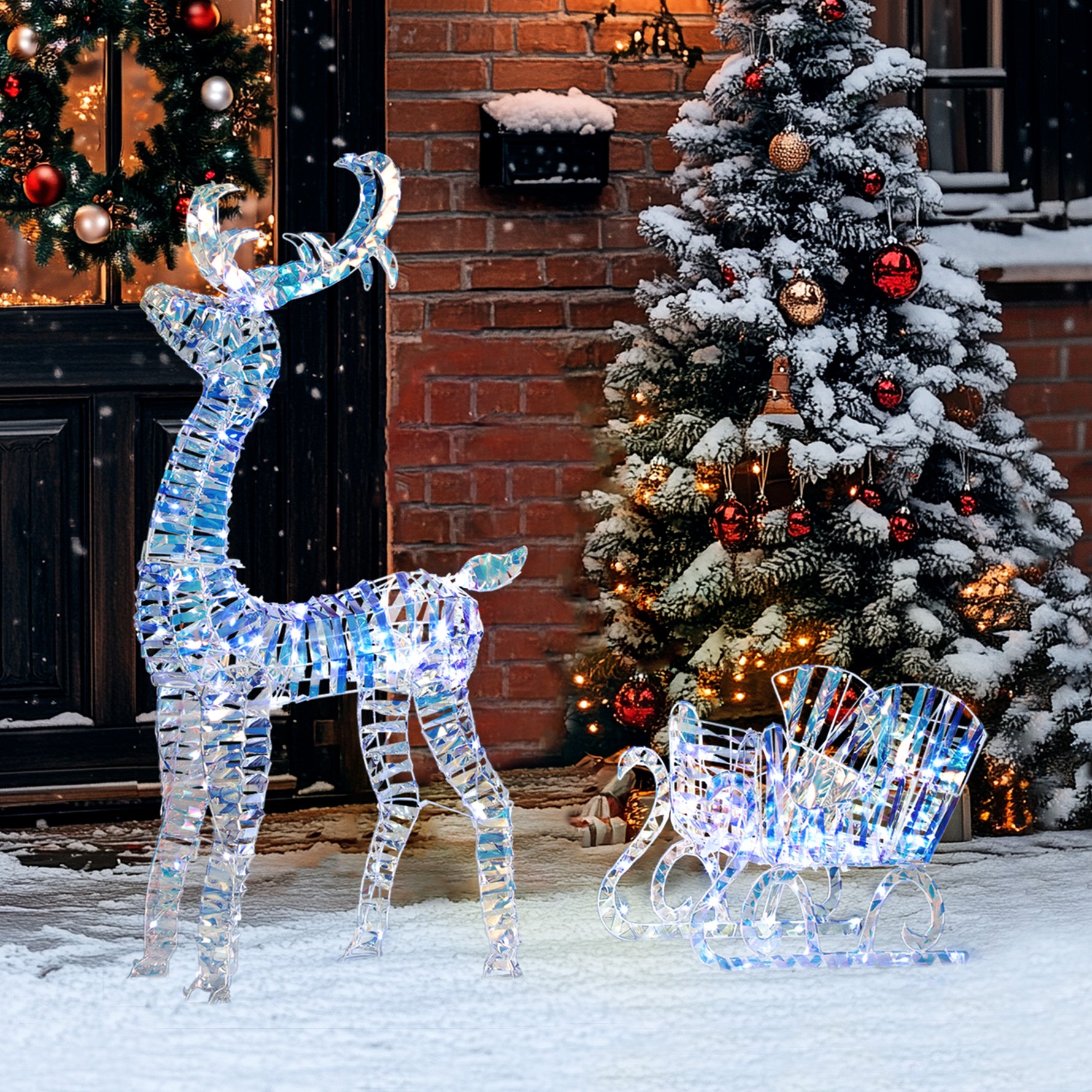 Renne et traîneau lumineux de Noël avec 170 LED blanc chaud, décoration de Noël pour intérieur et extérieur, 60x29x115cm