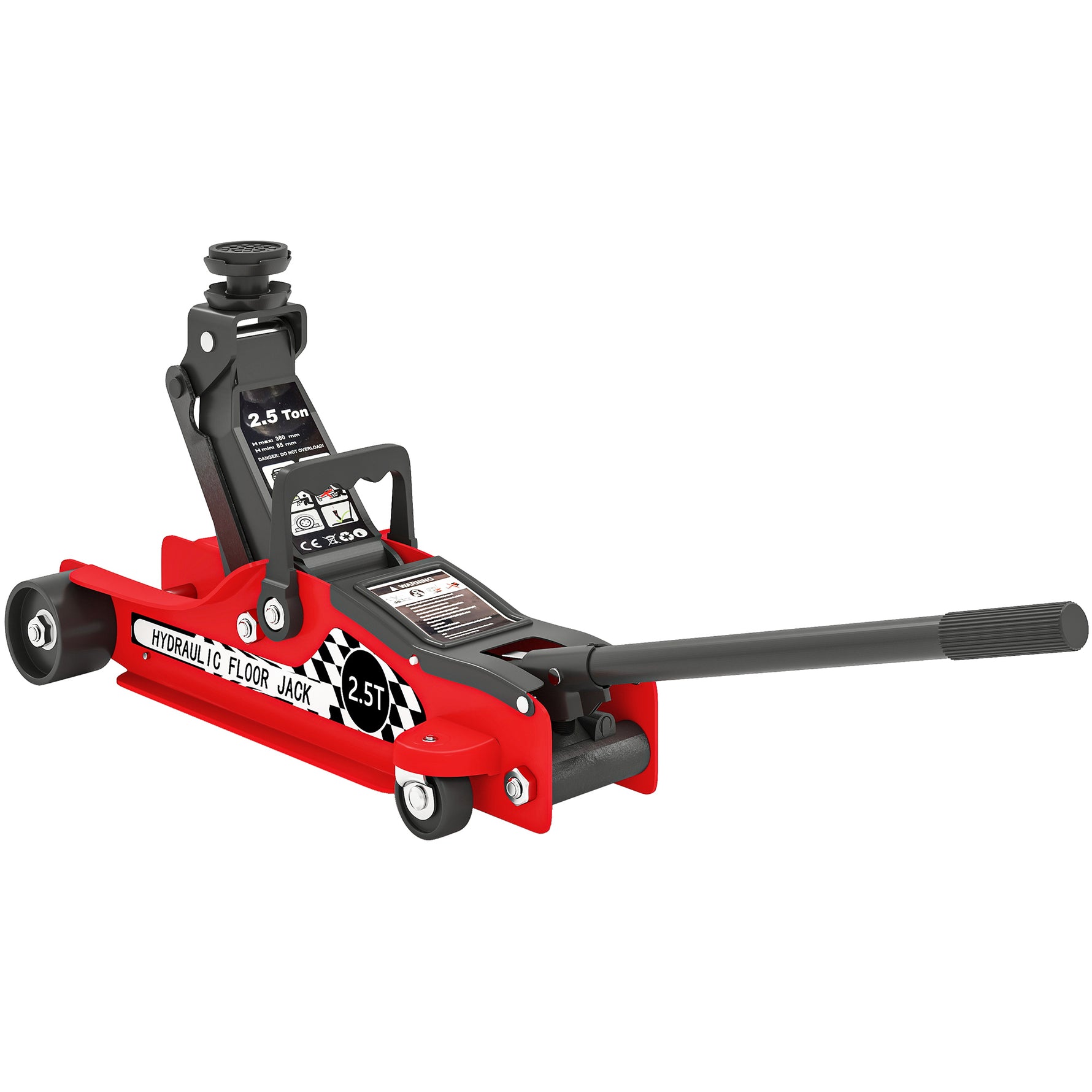 Cric hydraulique, cric de manœuvre extra plat charge max 2500 kg, plage de levage 80-360 mm, 53 x 20,5 x 17,5 cm, rouge