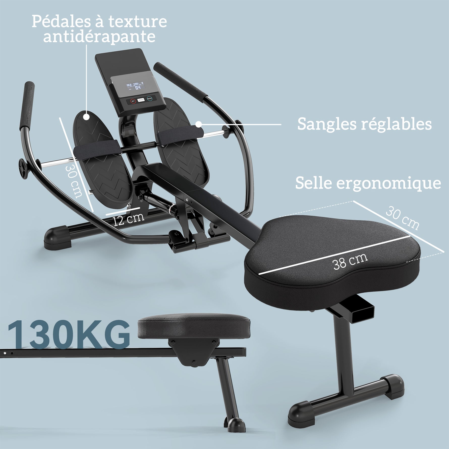 Rameur hydraulique à 12 niveaux avec écran LCD, pour l'entraînement cardio à domicile, charge max. 130 kg, noir