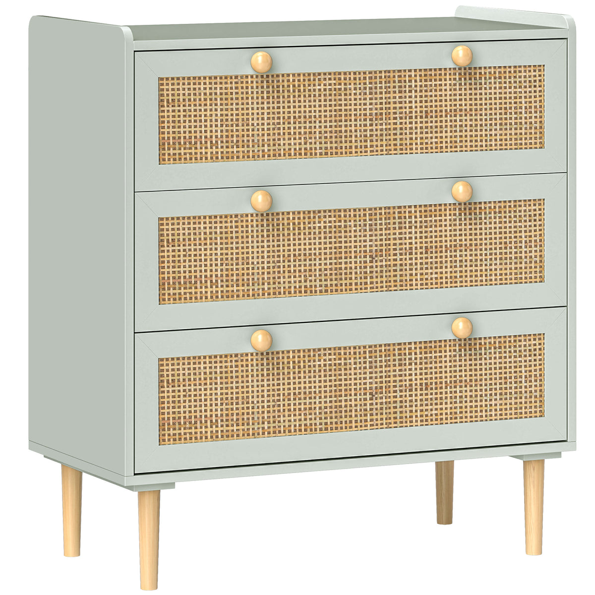 Commode design bohème en rotin avec 3 tiroirs, meuble de rangement pour le salon, le couloir, l'entrée, vert olive
