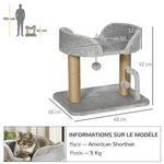 Designer cat scratching tree with 2 hanging pom-pom toys, 2 jute-covered posts, plush platform, jute, 48 x 38 x 42 cm, grey