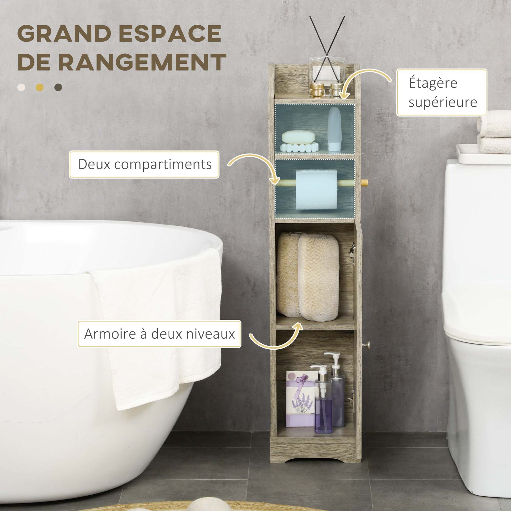 Meuble bas de salle de bain 1 étagère supérieure ouverte 2 compartiments et 1 placard 23 x 18 x 100 cm gris