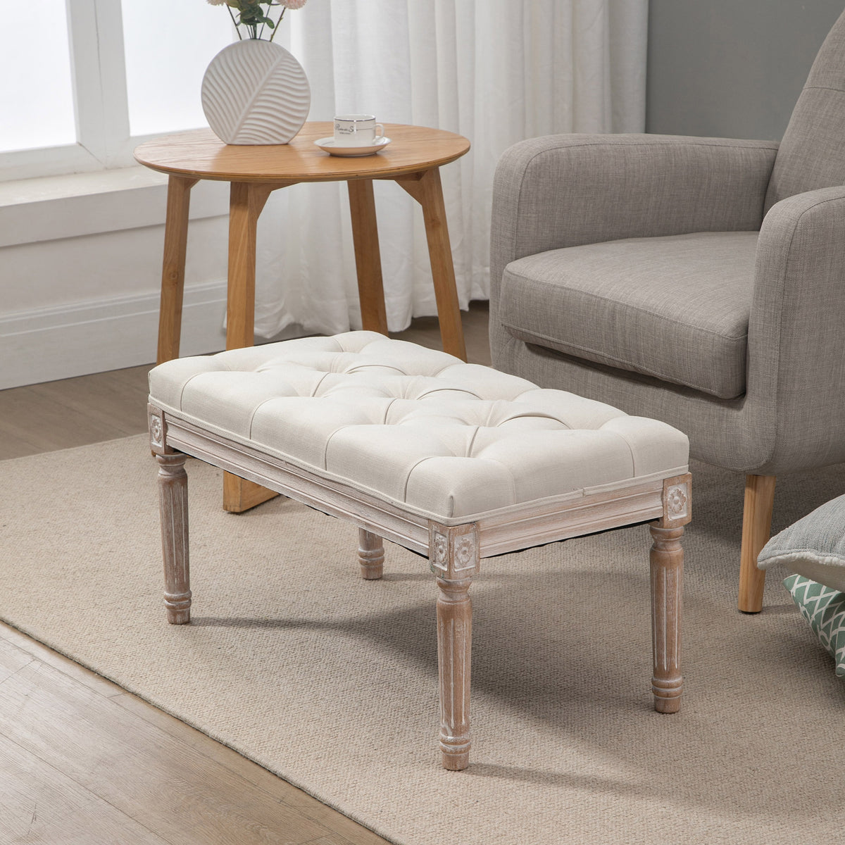 Banc Banquette classique capitonné 80cm bout de lit Rembourrée en lin - bois d'hévéa sculpté, patiné - Crème