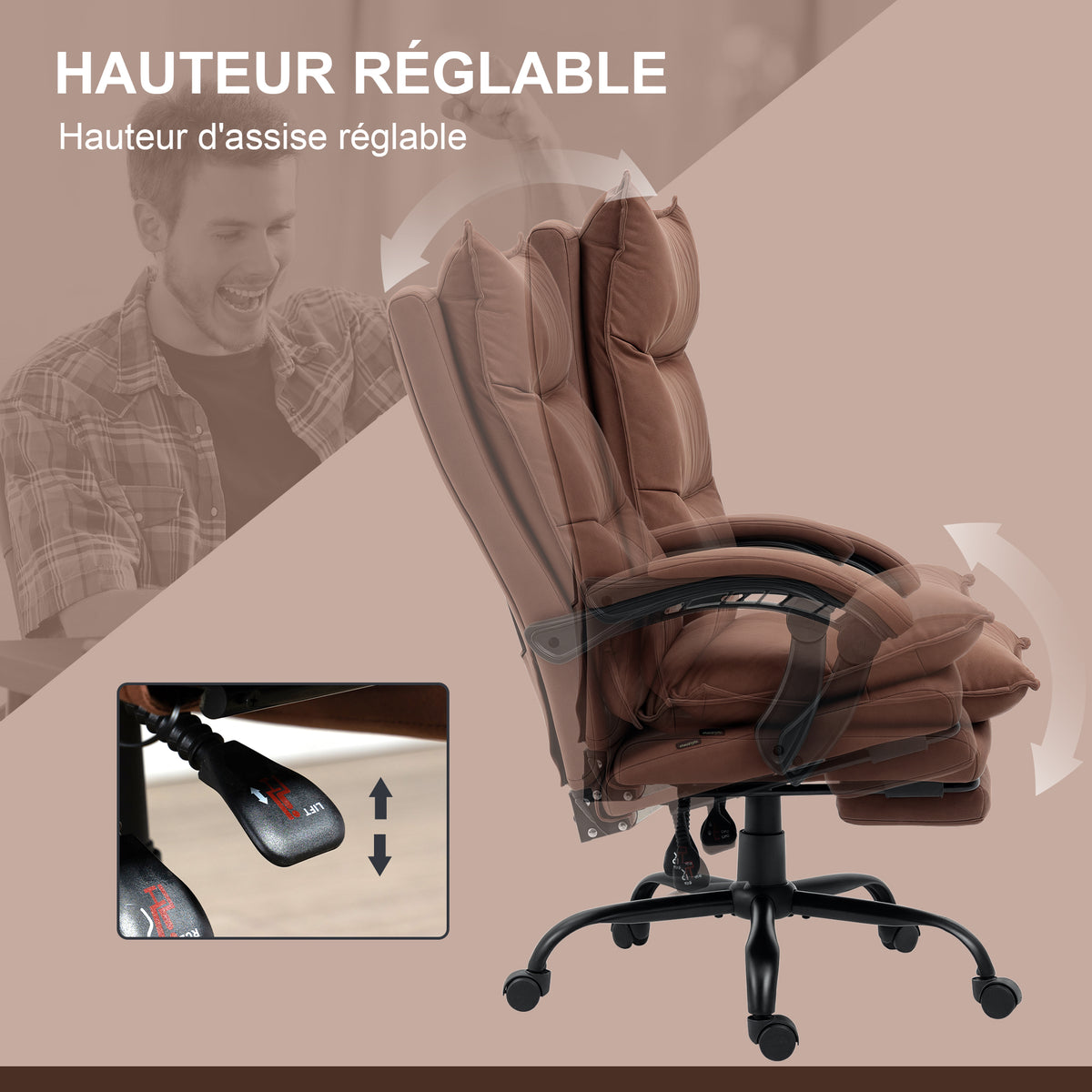 Fauteuil de bureau massant et chauffant, chaise de bureau, hauteur réglable, dossier inclinable, 66x74x121,5cm marron