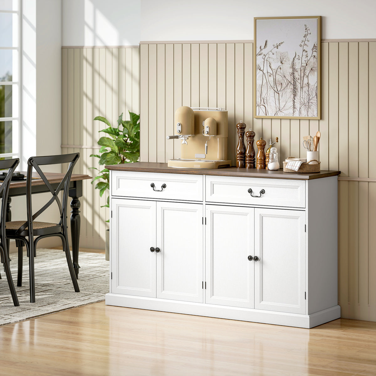 Buffet salon, meuble de rangement avec 4 portes, 2 tiroirs silencieux, étagères réglables, 140x40x85cm, blanc et marron