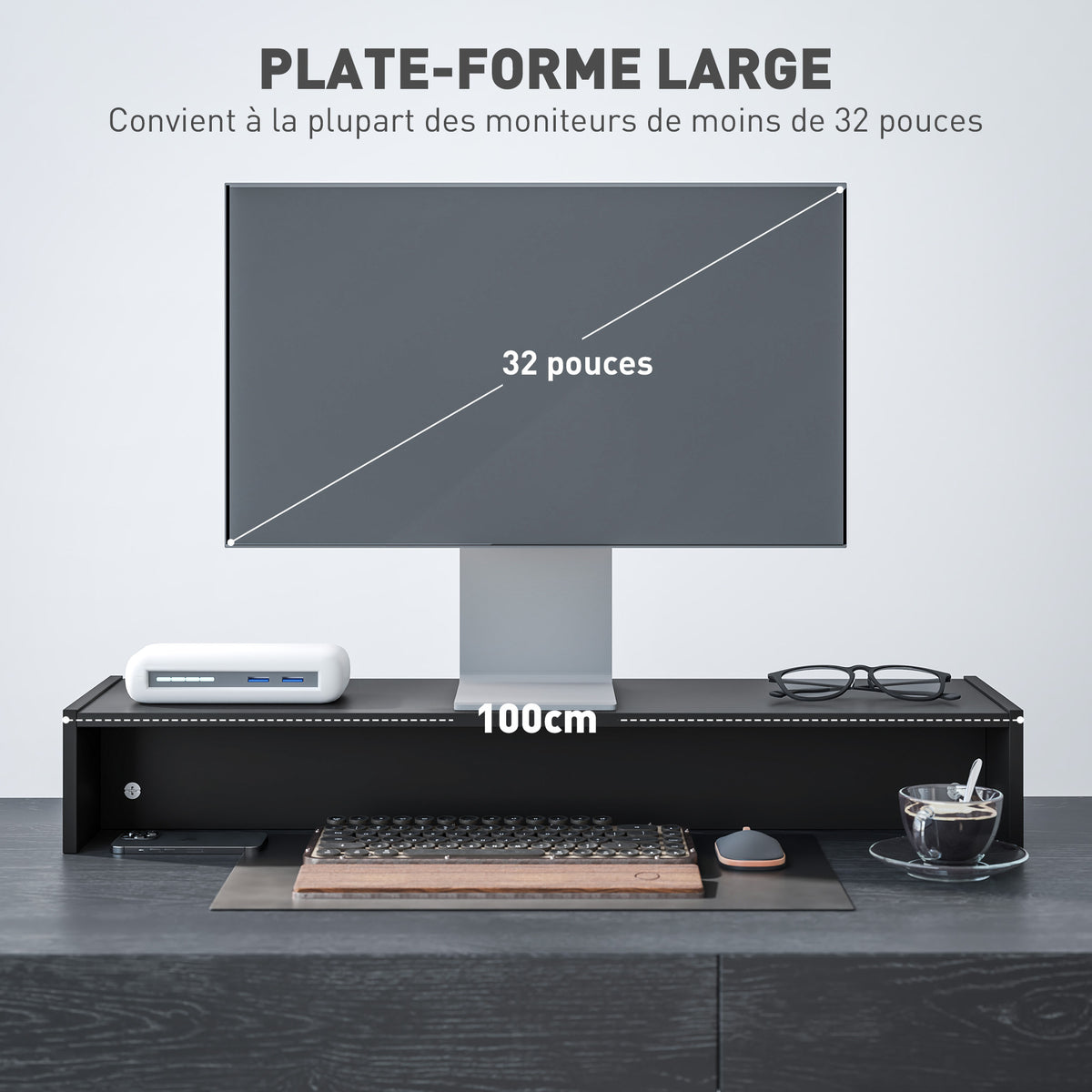 Rehausseur écran PC bureau support d'écran d'ordinateur de 100 cm support moniteur avec deux compartiments, noir