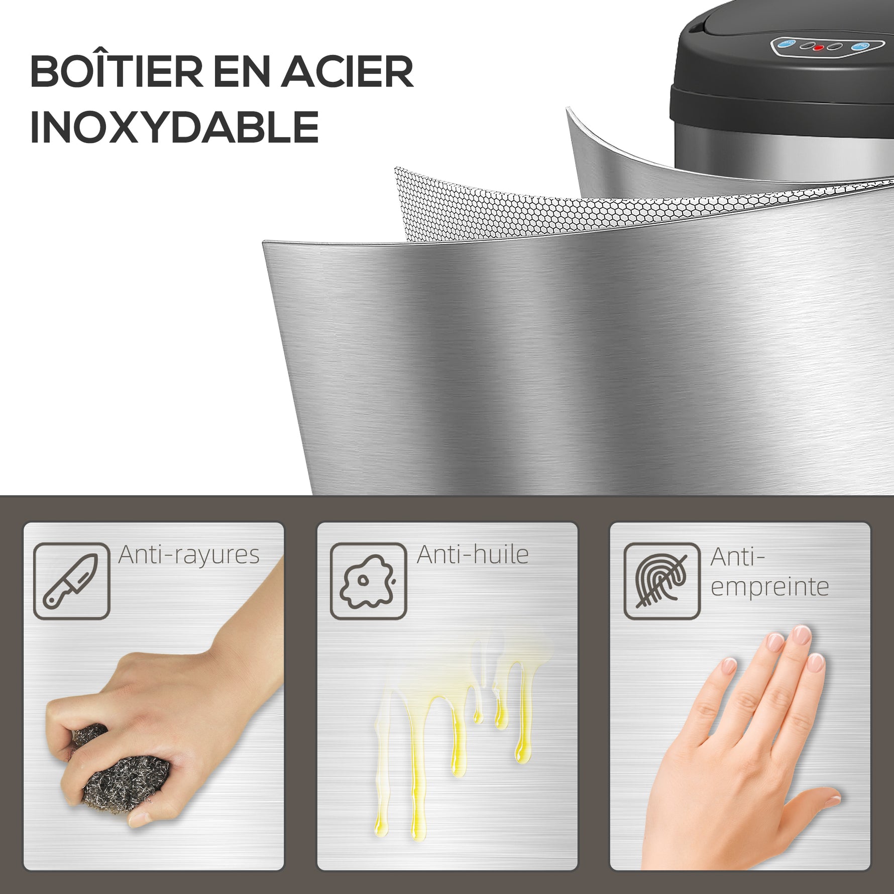 Poubelle cuisine automatique 50L acier inoxydable, poubelle à couvercle à fermeture en douceur, 30,5x30,5x85cm, argent