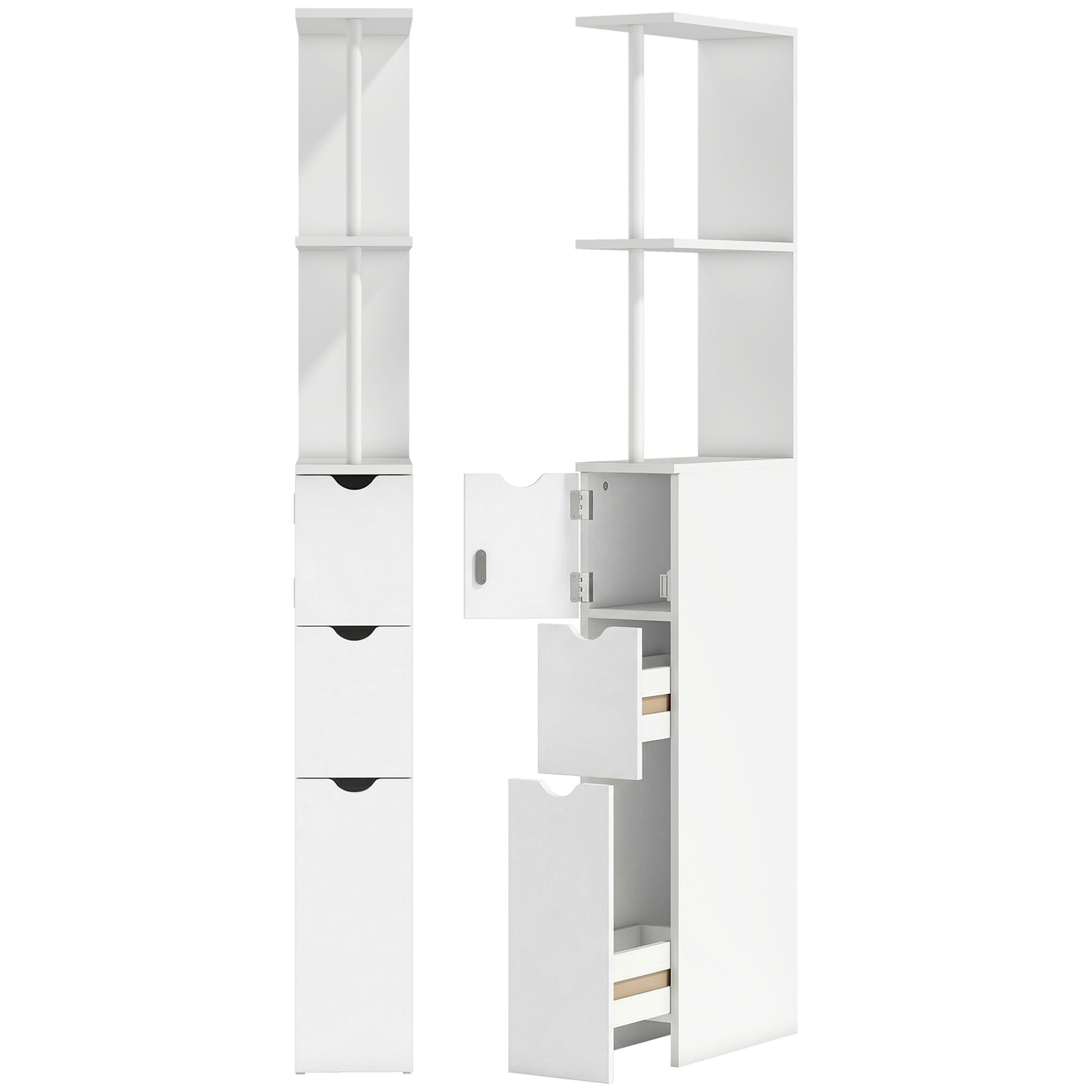 Meuble colonne salle de bain armoire de salle de bain avec tiroirs étagères ouvertes placard 15 x 33 x 136,8 cm blanc