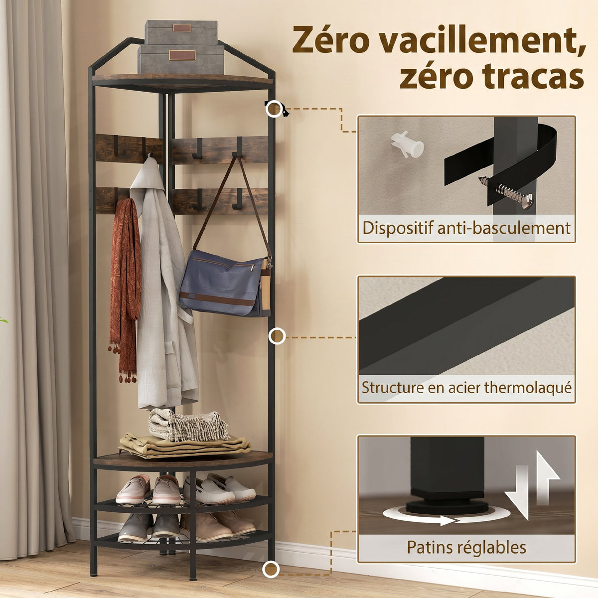 Meuble d'entrée d'angle, vestiaire à 4 niveaux, rangement pour chaussures, 8 patères mobiles, 2 étagères, brun rustique