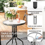 3 pièces salon de jardin extérieur ensemble de meubles 2 fauteuils empilables table basse dessus verre trempé gris clair