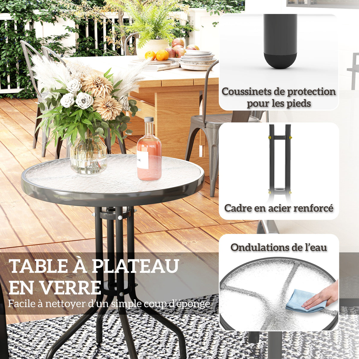 3 pièces salon de jardin extérieur ensemble de meubles 2 fauteuils empilables table basse dessus verre trempé gris clair