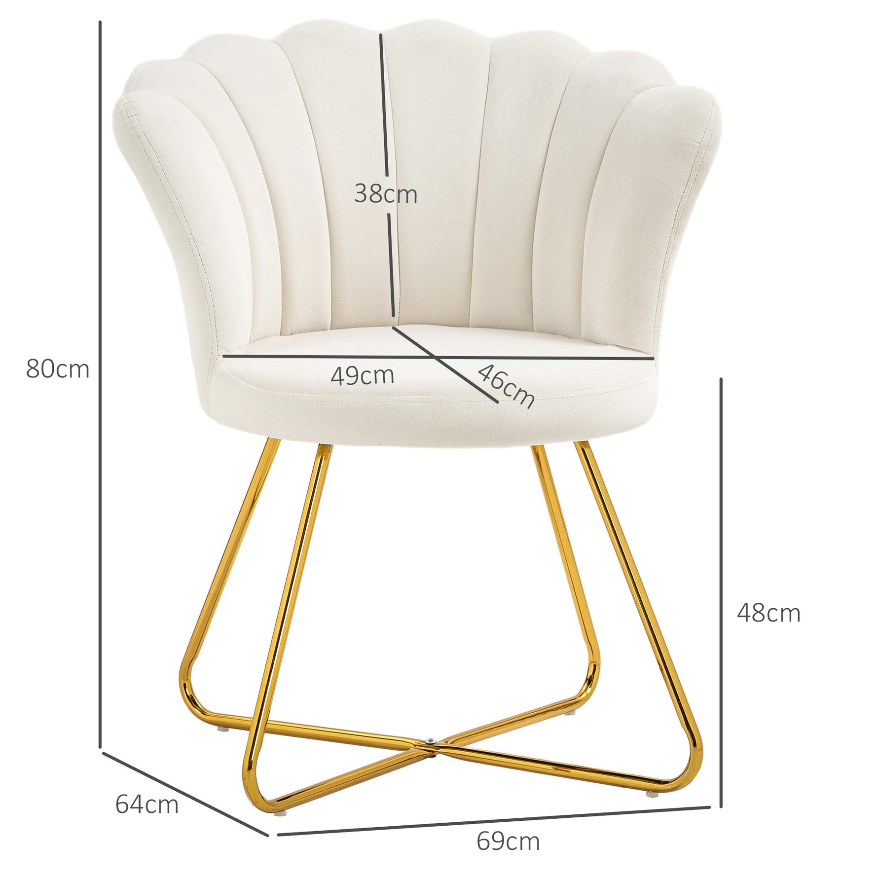 Fauteuil coquillage chaise coiffeuse fauteuil en velours fauteuil de salon avec pieds en acier 69 x 64 x 80 cm crème