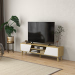 Meuble TV pour télévision jusqu'à 65 pouces design scandinave 2 portes 2 niches avec passe-câbles 150 x 30 x 42 cm