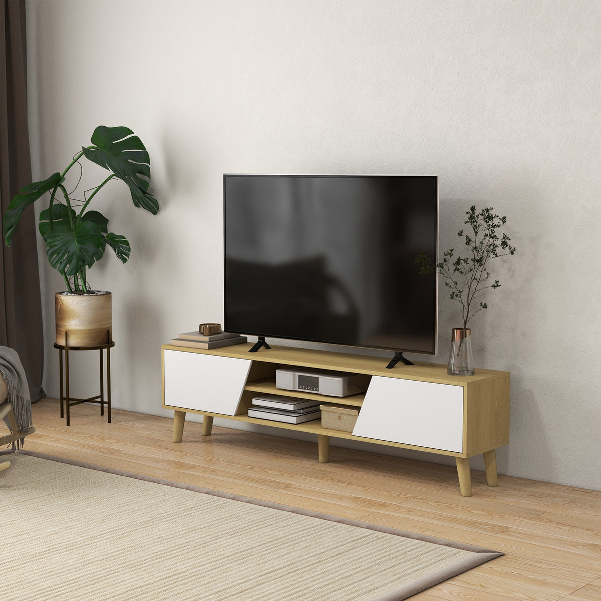 Meuble TV pour télévision jusqu'à 65 pouces design scandinave 2 portes 2 niches avec passe-câbles 150 x 30 x 42 cm