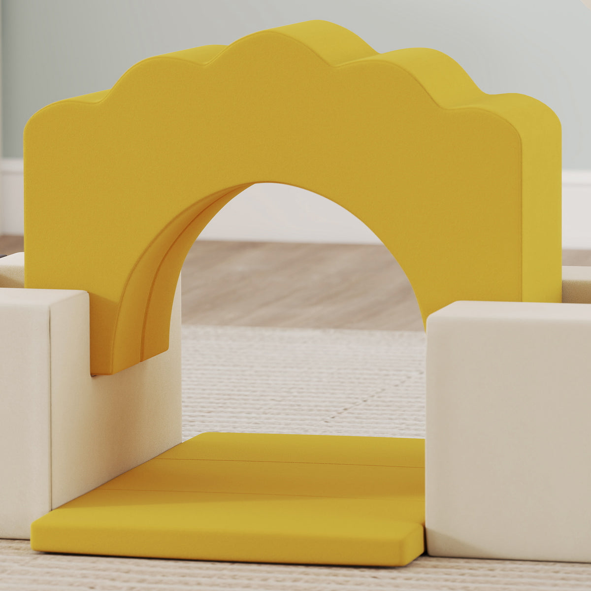 Parcours motricité bébé blocs mousse éducatifs modulables 7 pièces housse lavable en velours base antidérapante jaune