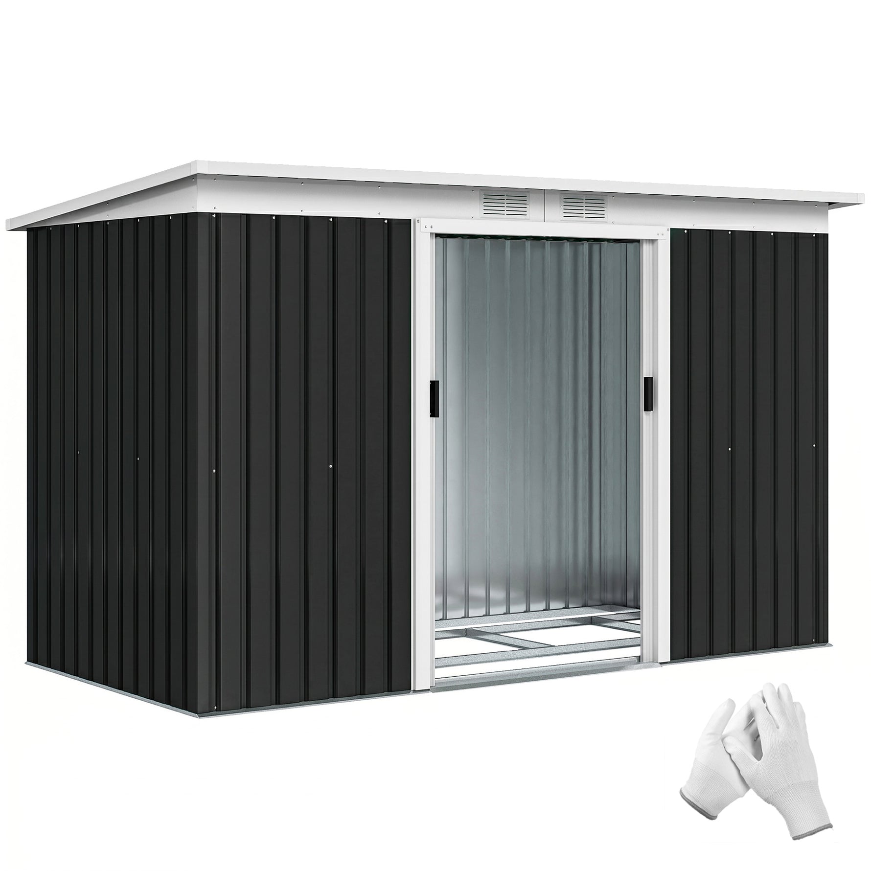 Abri de jardin en acier galvanisé XXL 3,6 m² avec kit de fondation 280 x 130 x 172 cm, cabane de jardin cabanon rangement outils avec portes coulissantes verrouillables aérations, noir