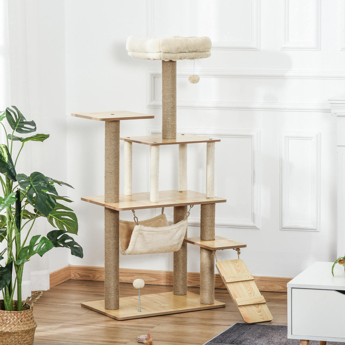 Krabpaal speeltoren voor katten, plateaus, huisje, bed, hangmat, ladder en krabpalen van jute 60x40x130cm geel