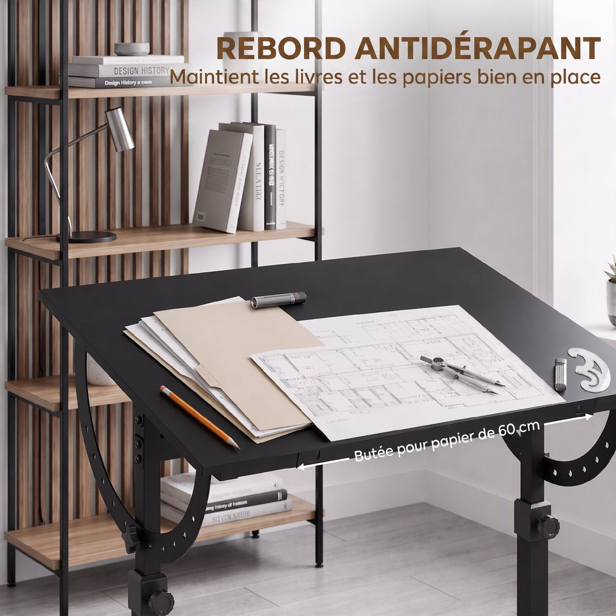 Table à Dessin Inclinable 0°-85°, Bureau à Dessin Réglable en Hauteur avec Rebord Antidérapant, Cadre en Acier, Noir