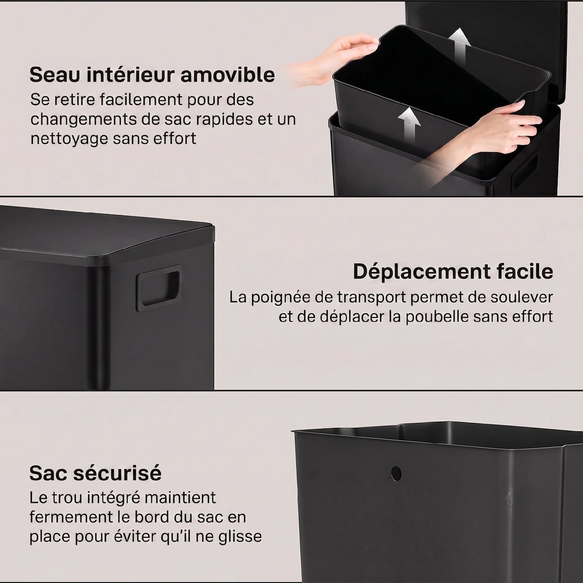 Poubelle cuisine 50L, poubelle à pédale, seau intérieur amovible, couvercle à fermeture douce, 41,7x36,6x62cm, noir