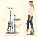 Albero per gatti, torre gioco stabile multi-livello con cuccia, 3 piattaforme e amaca, 60x35x134 cm, grigio