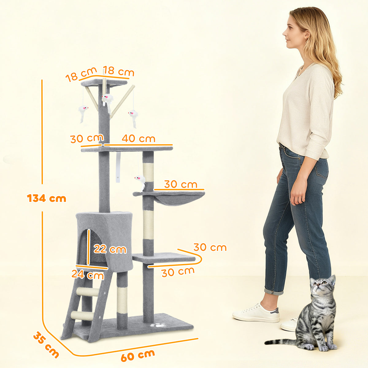 Albero per gatti, torre gioco stabile multi-livello con cuccia, 3 piattaforme e amaca, 60x35x134 cm, grigio