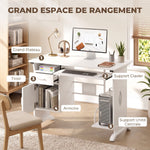 Bureau d'ordinateur, 100 x 52 x 75 cm, tablette coulissante pour clavier, tiroirs et support d'unité centrale, blanc
