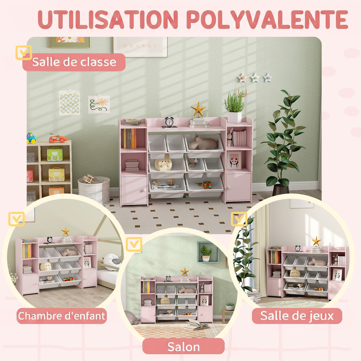 Meuble rangement enfant, étagère de rangement pour jouets enfants avec 8 bacs amovibles, 140 x 30 x 90 cm, rose