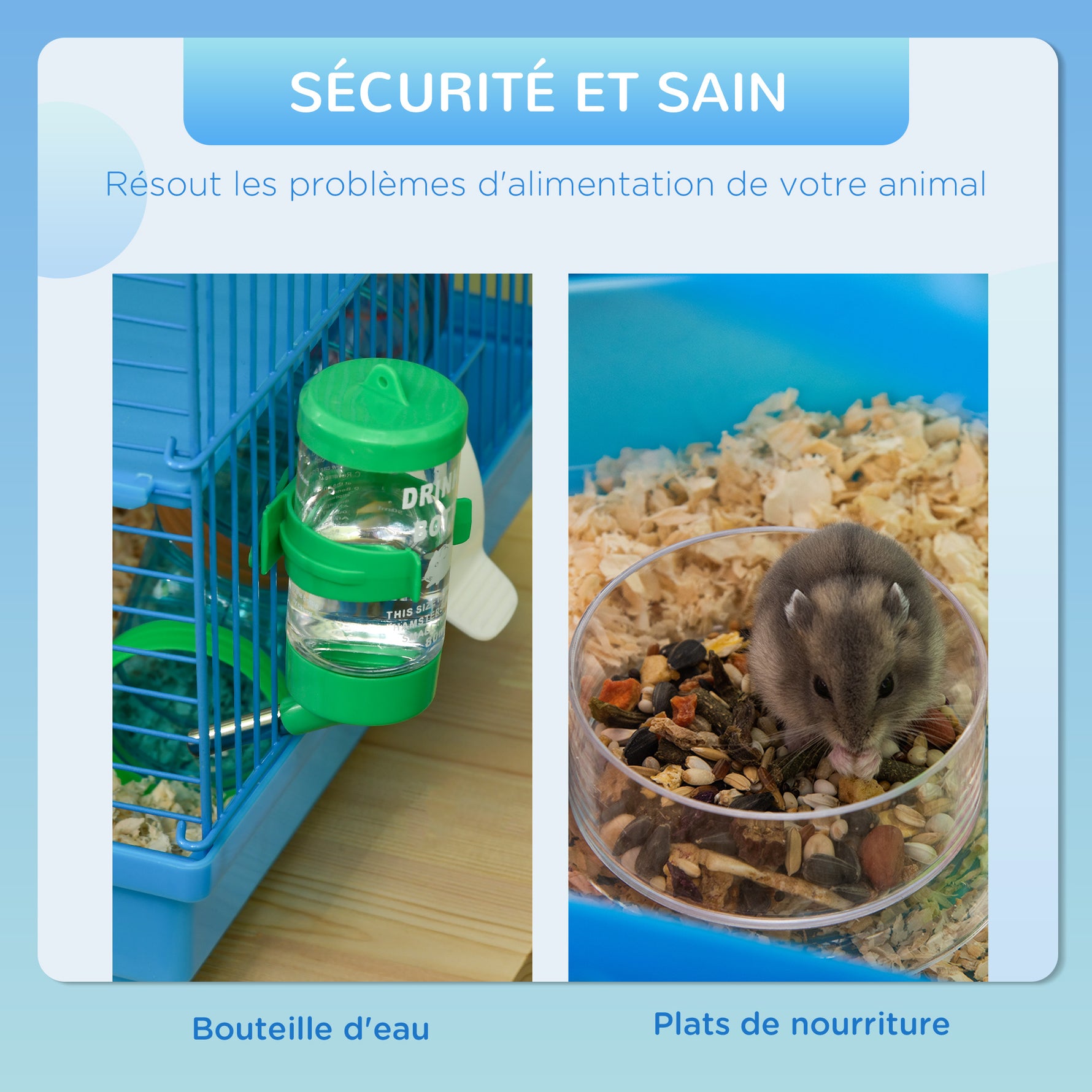 Cage pour Hamster Souris Petit Animaux Rongeur avec Tunnel Mangeoire Roue Jouet 47 x 30 x 59 cm Bleu