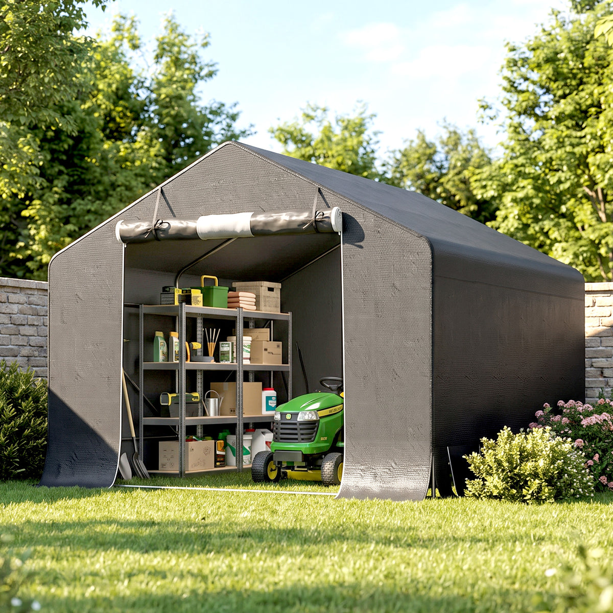Abri de jardin tente de stockage imperméable abri moto porte enroulable fermeture éclair, 300 x 300 x 210 cm, gris foncé