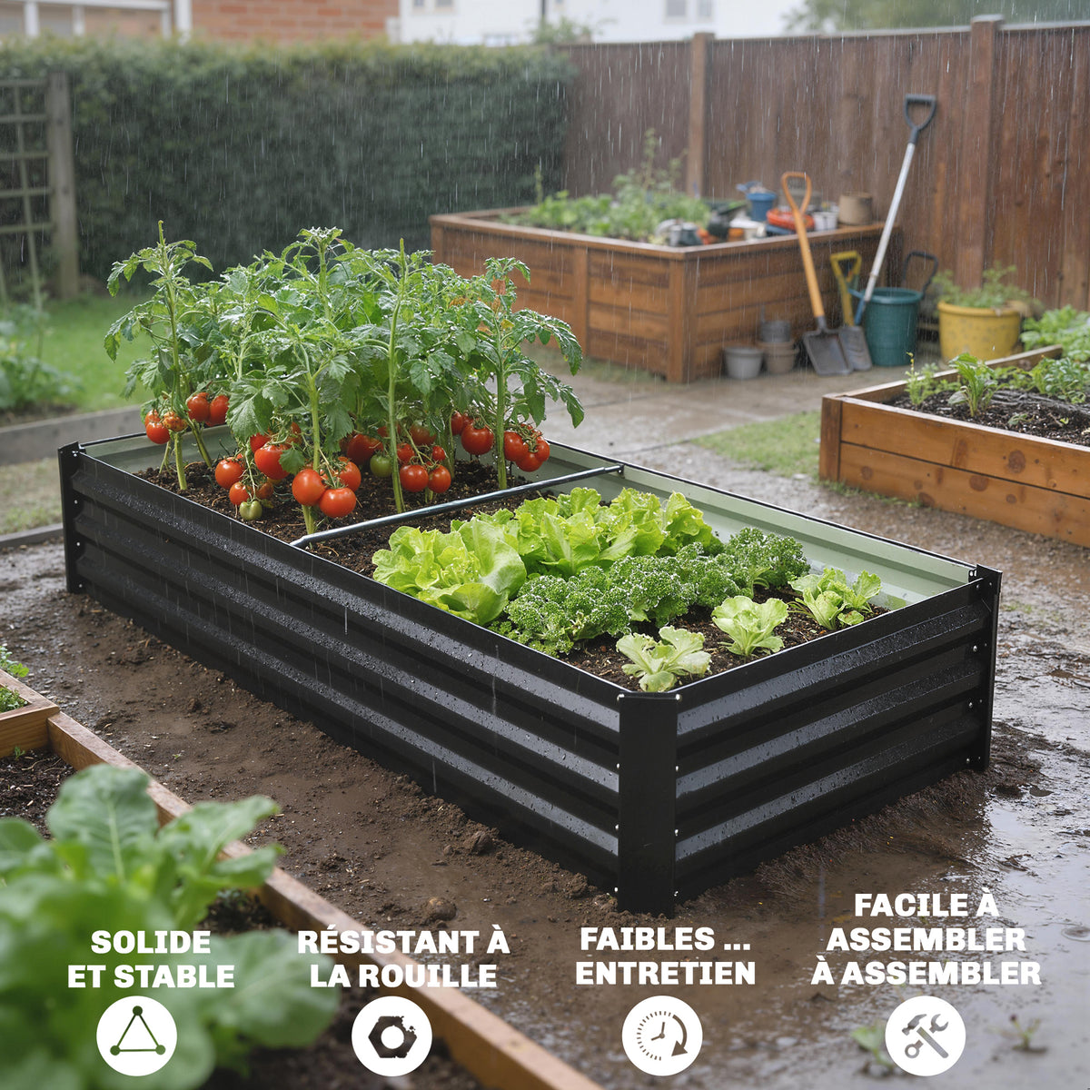 Jardinière rectangulaire potager de jardin en acier galvanisé bordure de sécurité et fond ouvert 150x70x30cm gris foncé