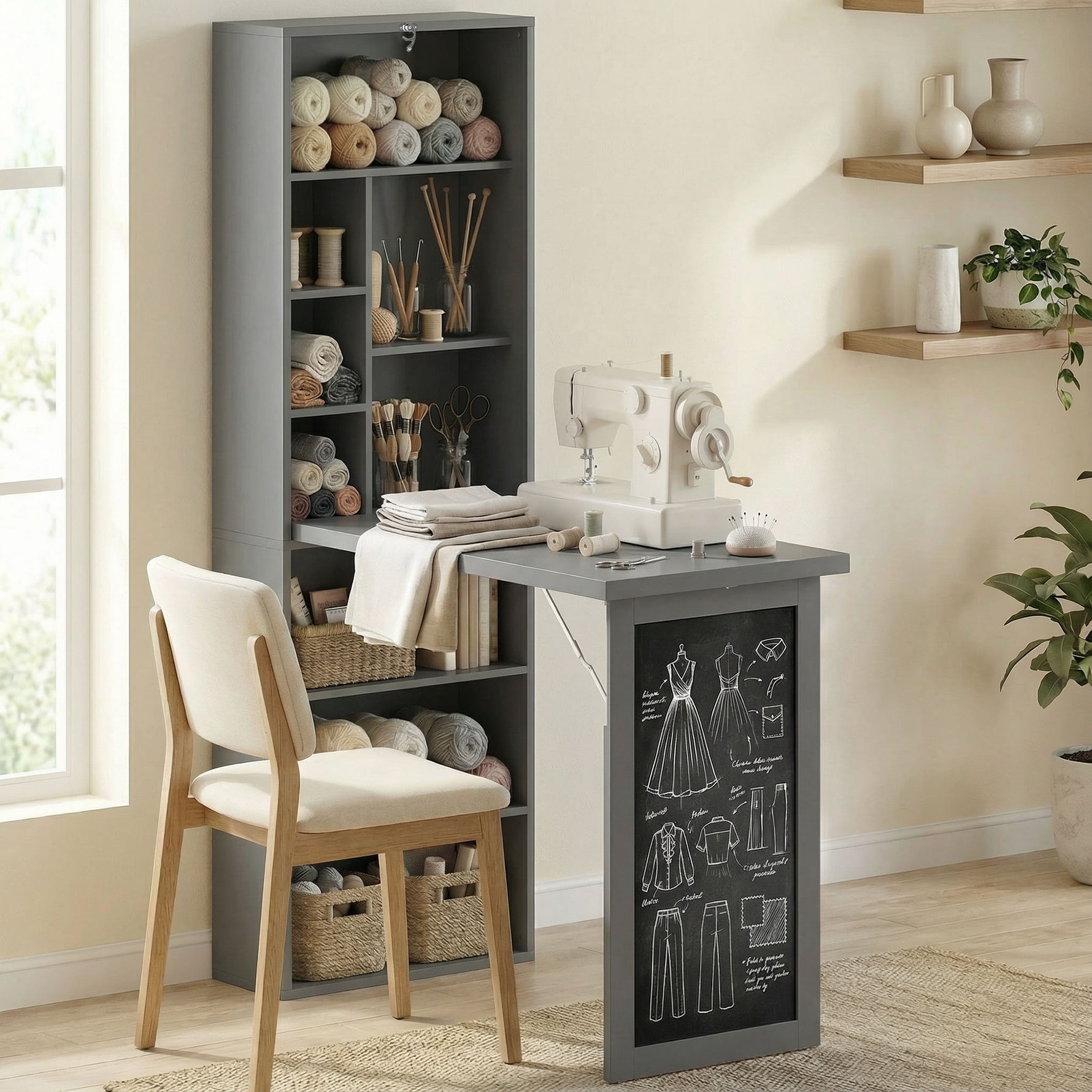 Bureau avec rangement pliable murale rabattable avec bibliothèque poste de travail tableau à craie et étagère réglable