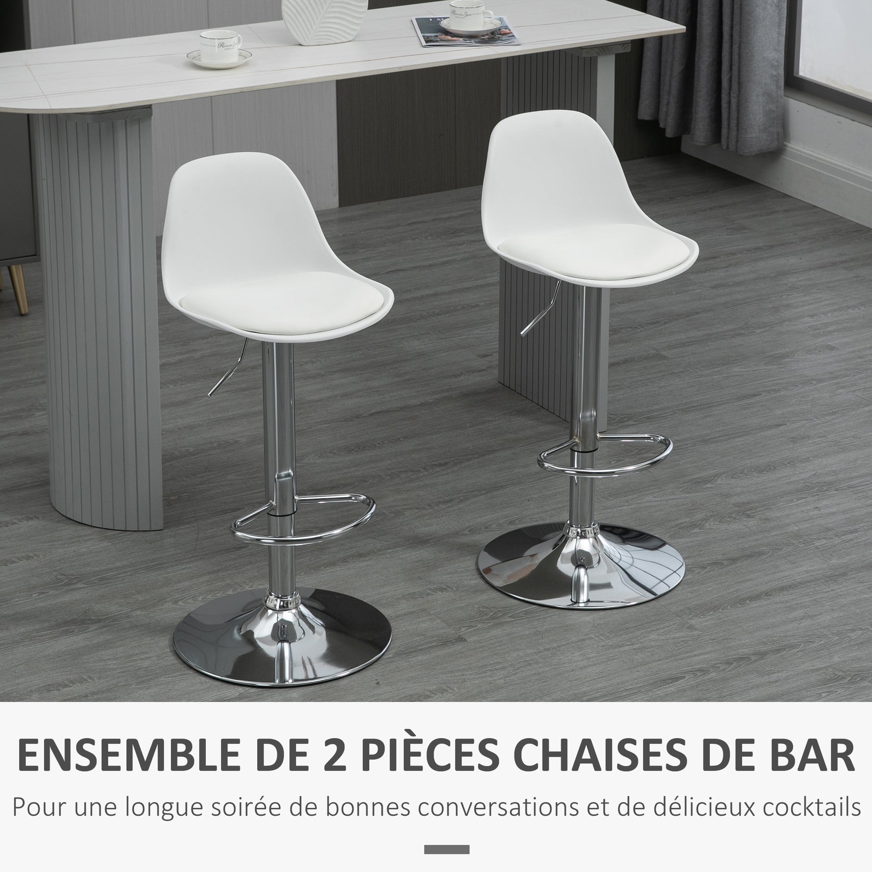 Lot de 2 tabourets de bar chaise haute cuisine avec dossier et repose-pieds, hauteur réglable, 41x42x82-104cm, blanc