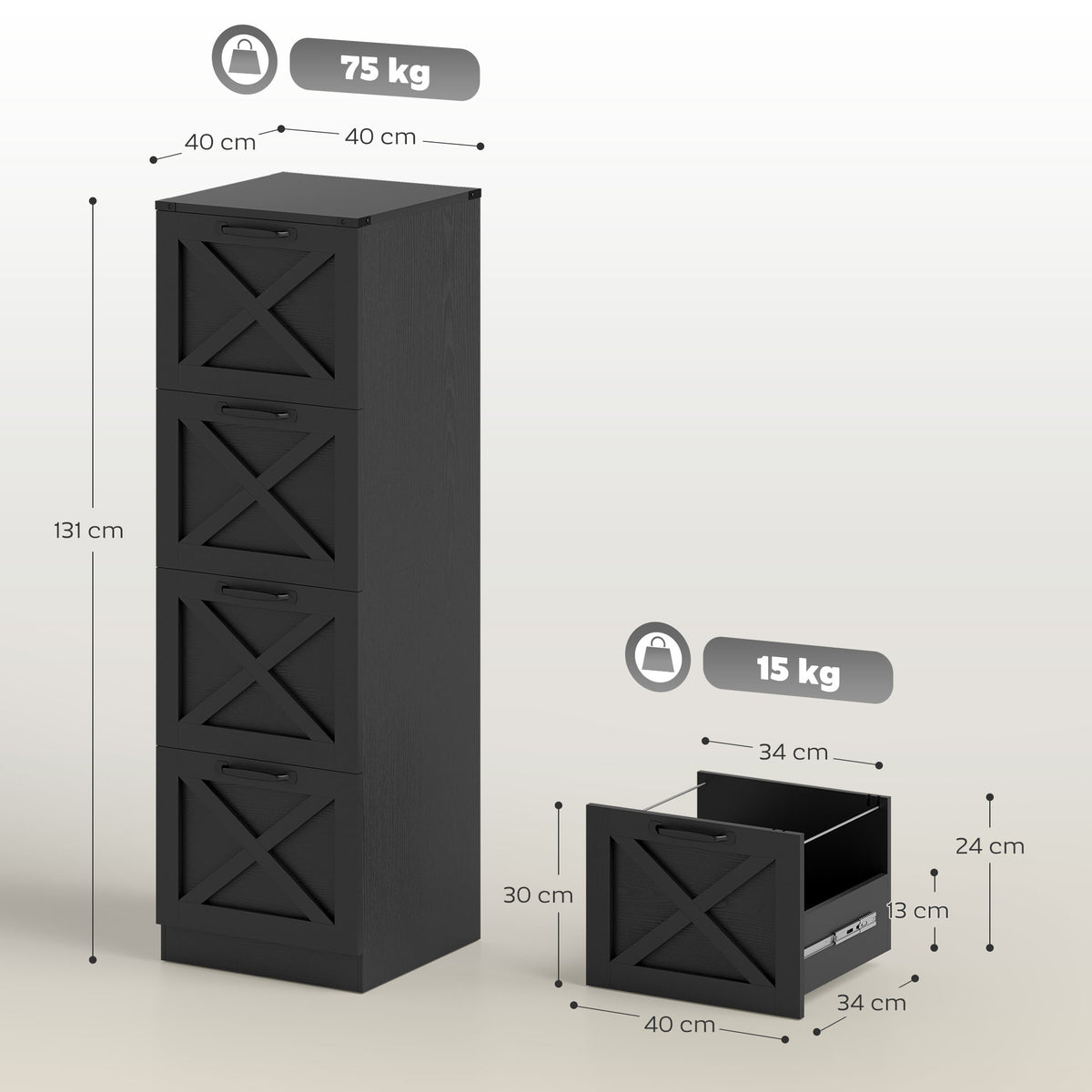Caisson de Bureau avec 4 Tiroirs, Dossiers Suspendus pour Formats Lettre/A4, Style Rustique, 40x40x131cm, Noir