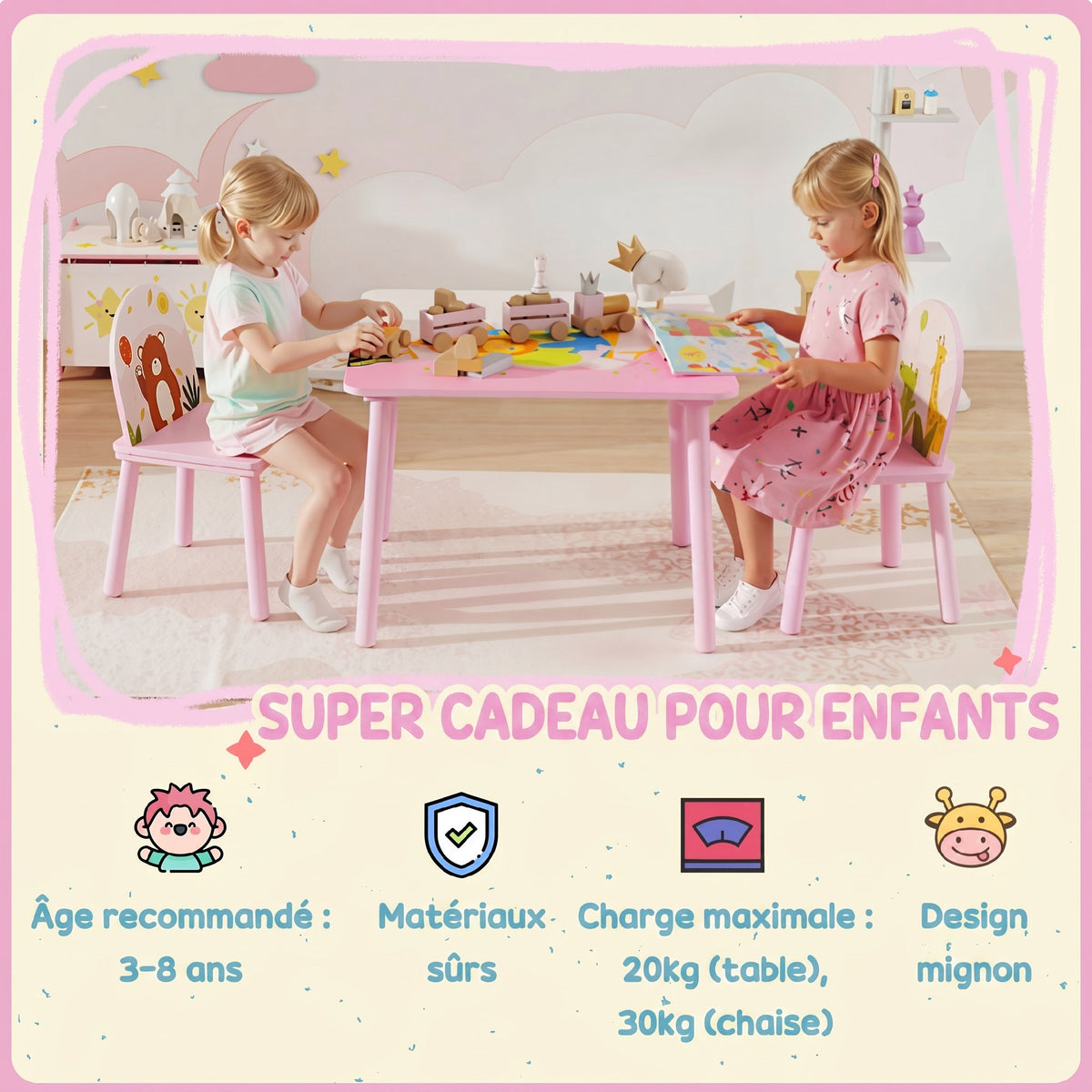 Table enfant avec chaise, ensemble table et 2 chaises en bois pour dessiner, jouer, étudier, rose