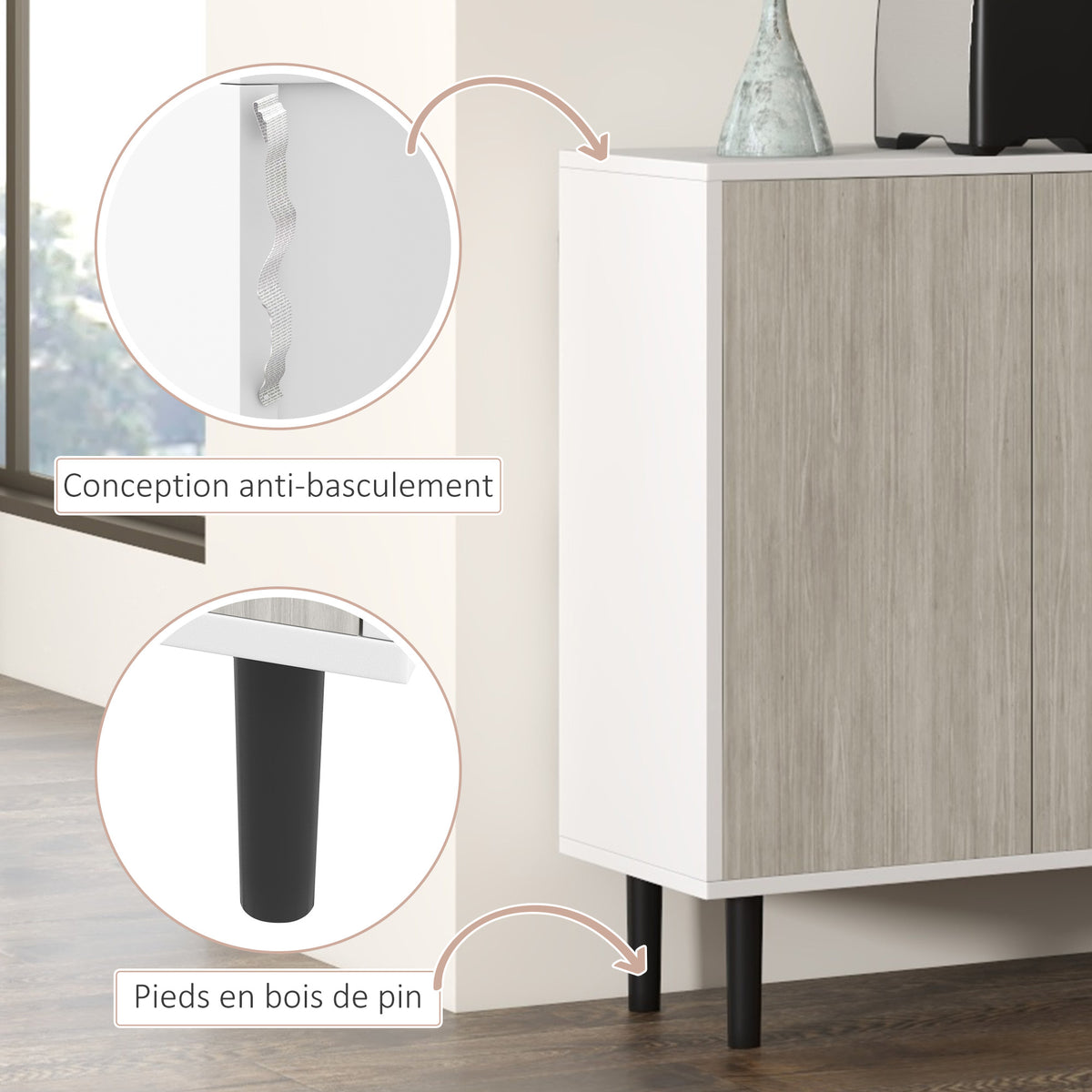 Aparador de cocina mueble de almacenaje 2 armarios con estantes ajustables, 121 x 37 x 75 cm, blanco y aspecto de madera gris