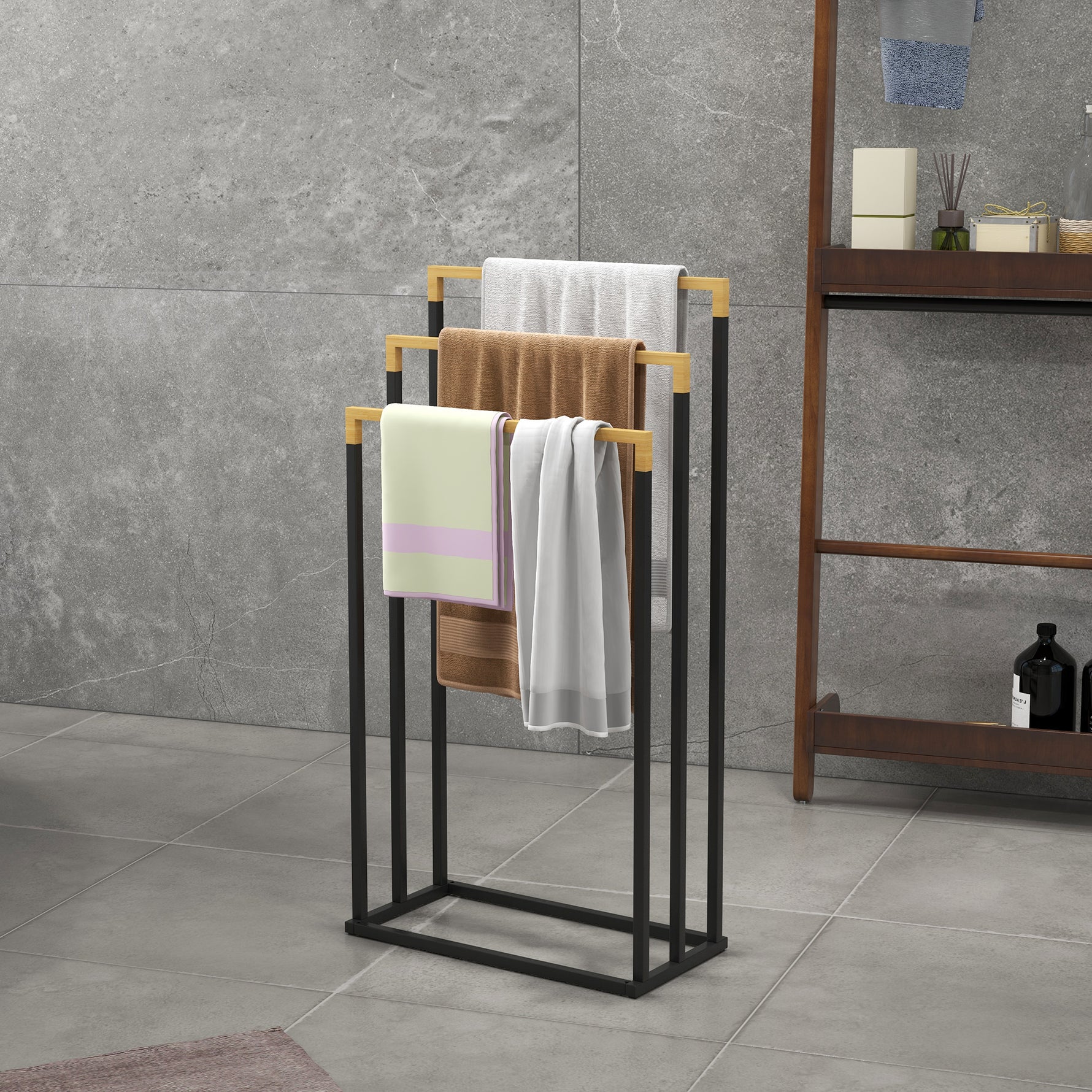Porte-serviettes en bambou et acier sur pieds avec 3 barres support pour serviette 45 x 22,5 x 86 cm noir et naturel
