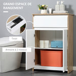 Meuble de salle de bain, meuble de rangement, tiroir et placard double porte, 60x30x90cm, blanc et effet bois naturel