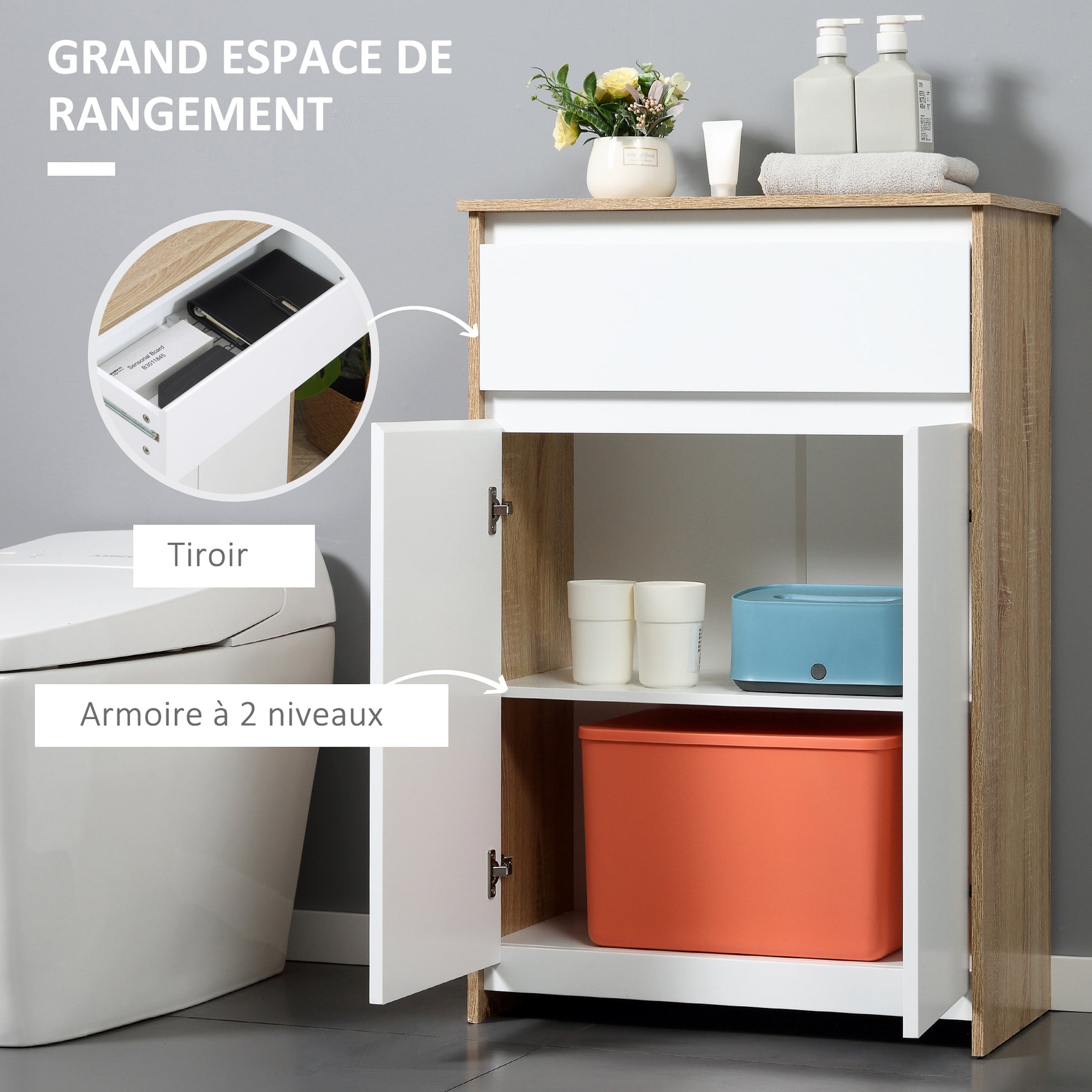 Meuble de salle de bain, meuble de rangement, tiroir et placard double porte, 60x30x90cm, blanc et effet bois naturel