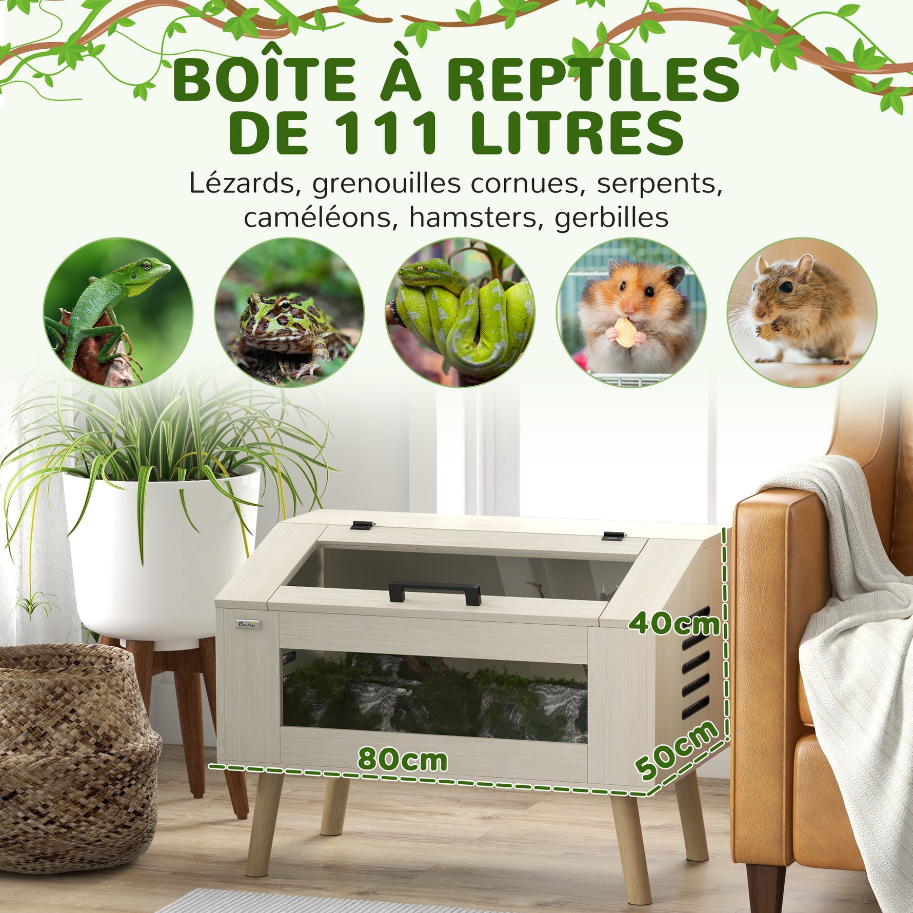 Terrarium pour reptiles, vivarium pour serpents 111L avec fenêtres en verre trempé, couvercle, 80 x 50 x 60 cm
