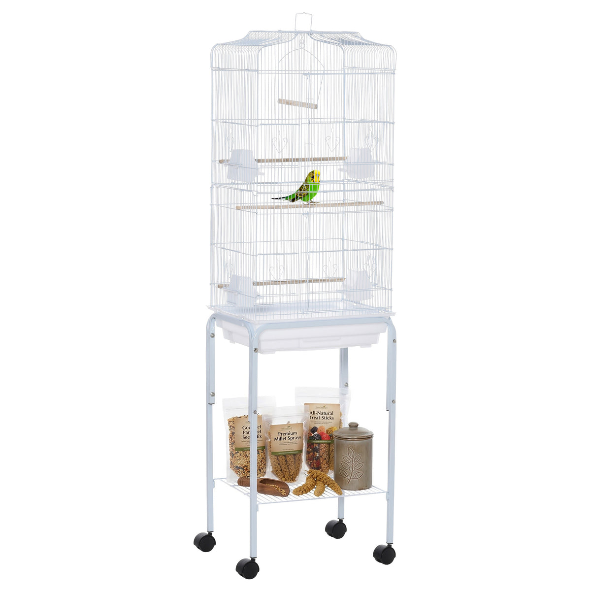 Cage à oiseaux sur pied volière oiseaux sur roulettes toit ouvrant 3 perchoirs étagère inférieure 46,5x36x157cm blanc