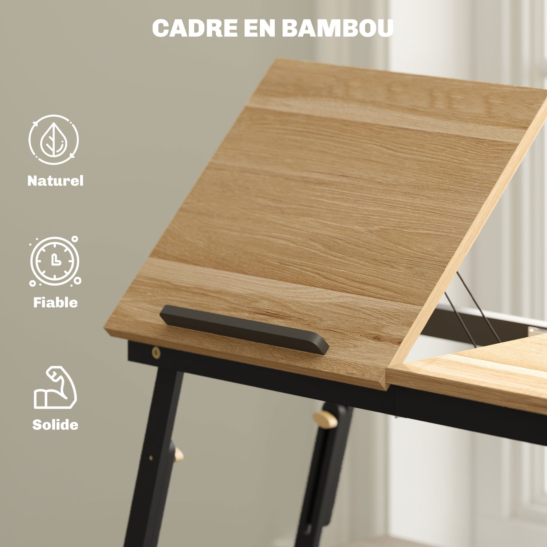 Table de lit pliable et réglable, plateau de lit pour ordinateur portable en bambou - plateau inclinable, tiroir, chêne