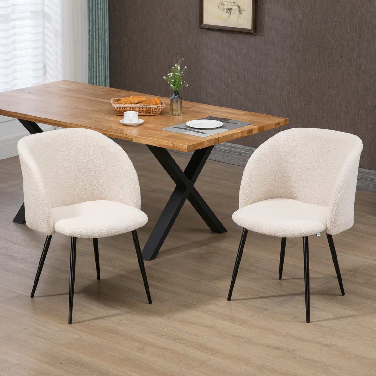 Juego de 2 sillas de comedor con respaldo de tela efecto lana de borreguito, patas de acero, 55 x 62 x 80 cm, beige negro