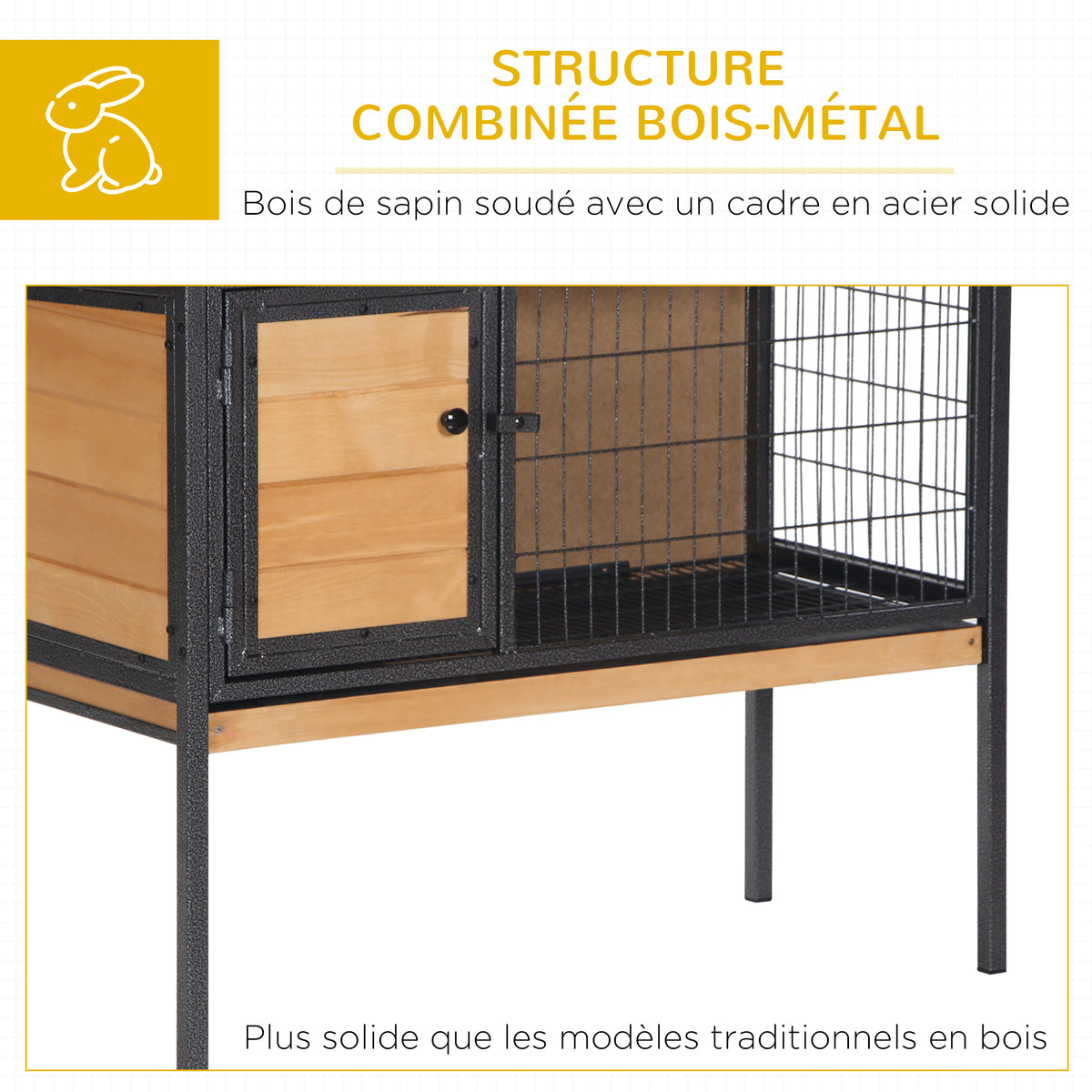 Cage à lapins en bois sur pieds, clapier pour rongeurs, cochons d'inde avec toit ouvrable - dim. 91,5L x 45l x 70H cm