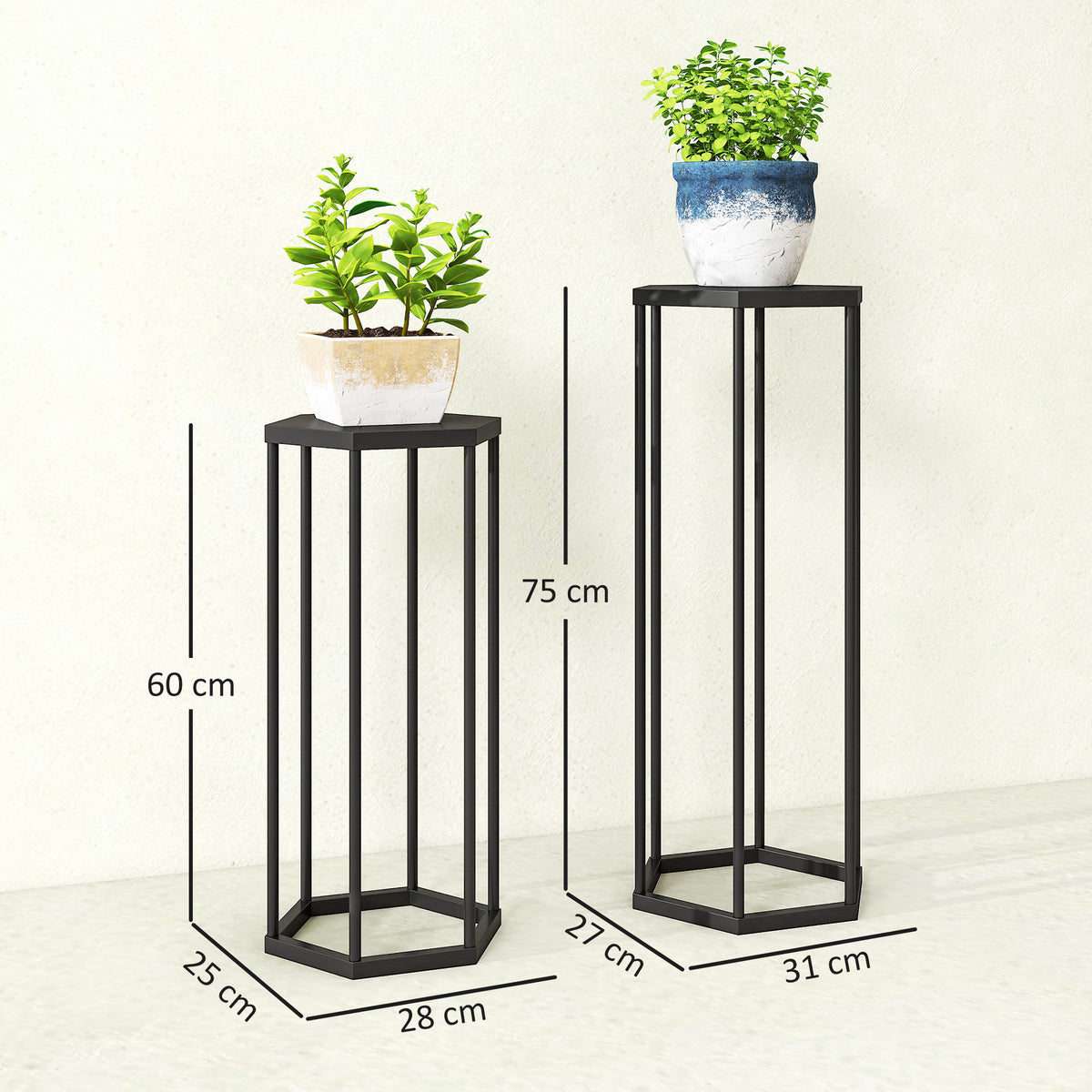 Set di 2 supporti per piante, sgabello esagonale in metallo per fiori, per interni ed esterni, nero