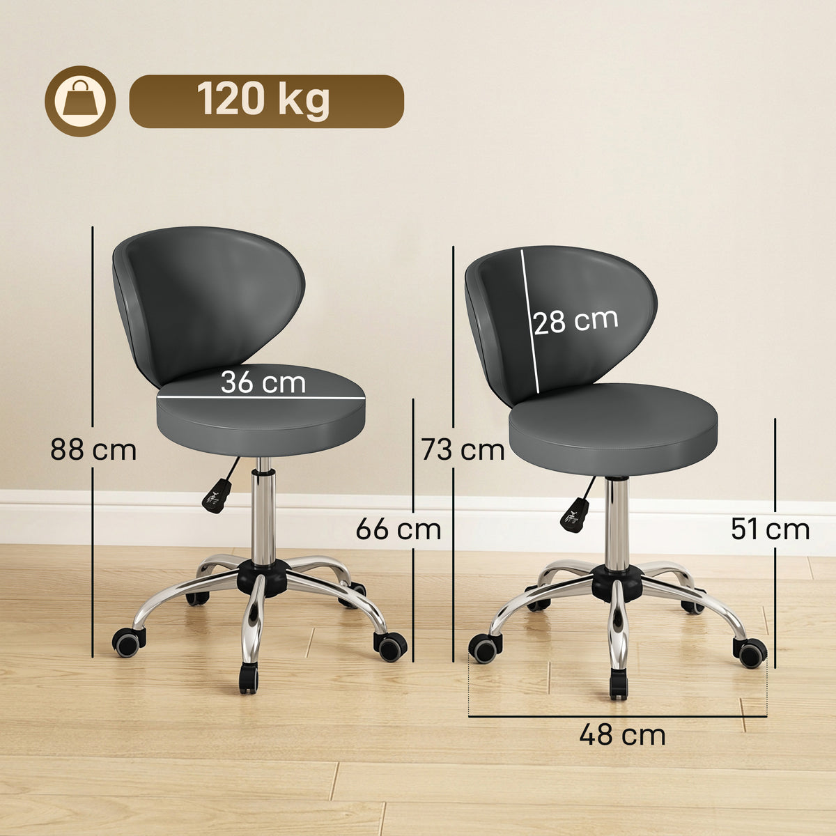 Taburete con ruedas, taburete de masaje de PU con altura ajustable de 73-88 cm y respaldo, giratorio 360°, gris
