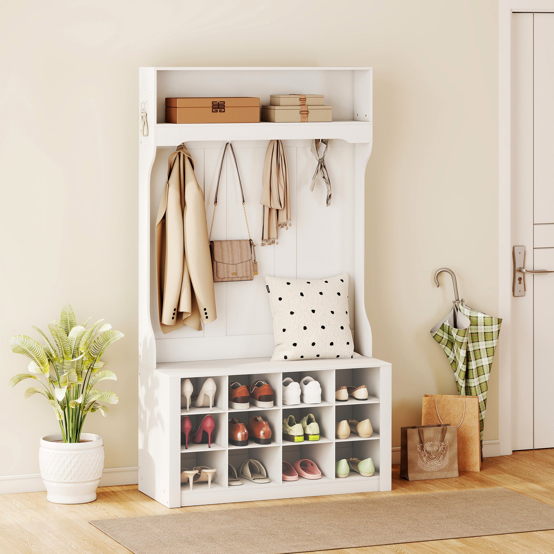 Porte-Manteau 4-en-1 avec Banc, Banc d'Entrée avec 12 Compartiments à Chaussures, 6 Crochets et Étagère Ouverte, Blanc