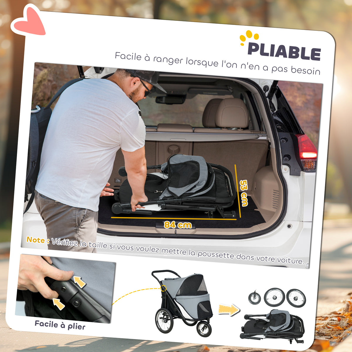 Poussette pour chien 3 roues avec pliage facile, sac de rangement, coussin souple, laisse de sécurité, gris